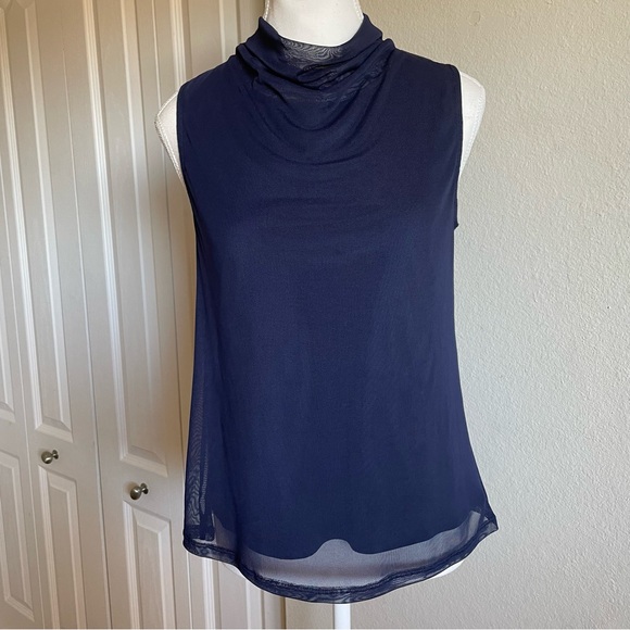Halogen Tops - Halogen Mesh Sleeveless Top Women’s S Navy Blue Cowl Neck Layered Career Office